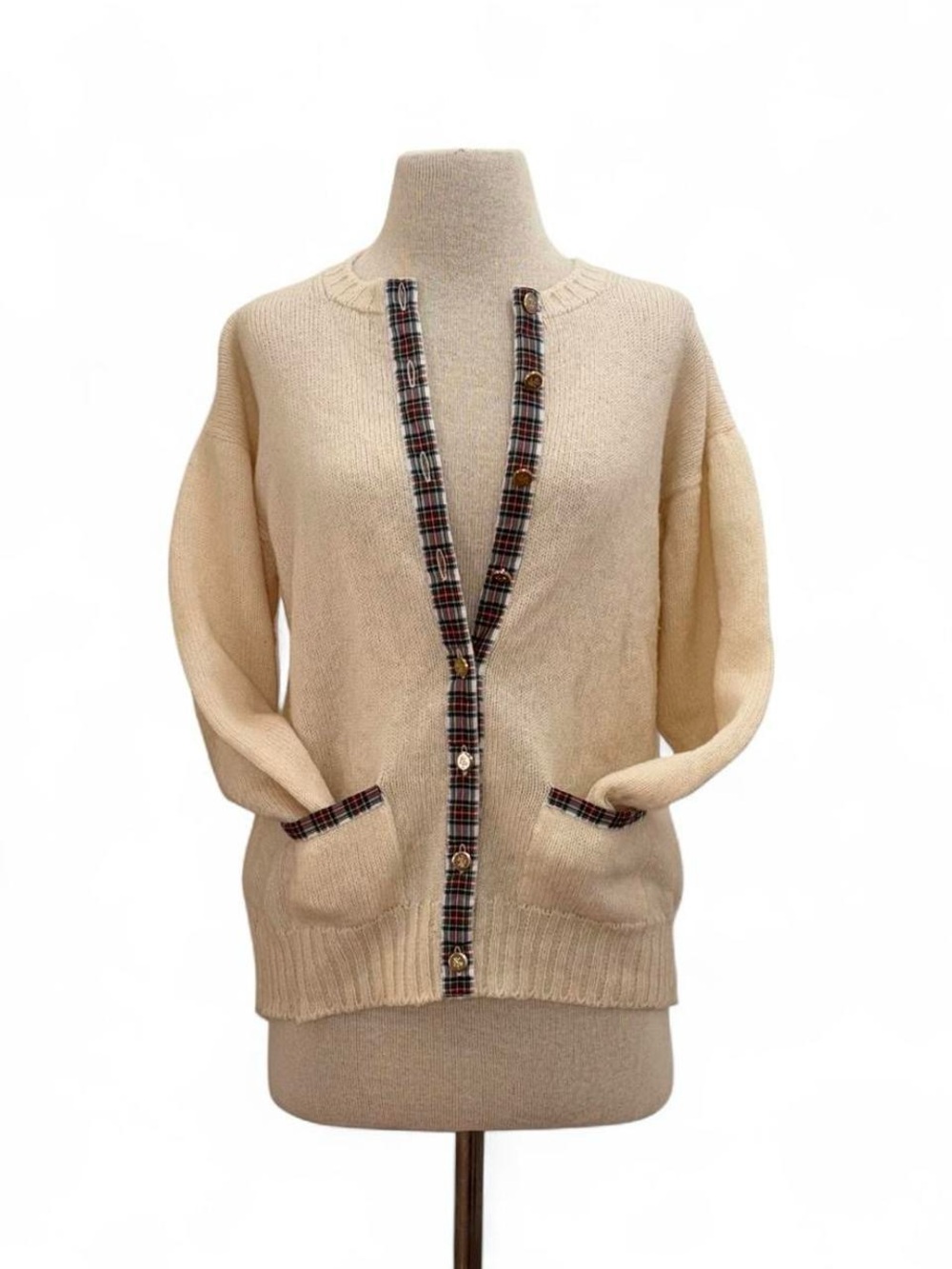 Vintage Scotland Cream Tartan Trim 100% Wool Cardigan Sweater Sz S/Medium Preppy